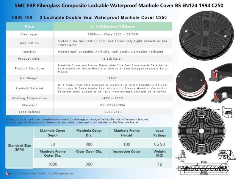 High Quality Pertrol Gas Station SMC Composite Watertight Manhole Covers Fiberglass Resin Waterproof Manhole Cover FRP Sealed Lock Inspection Manhole Well Cover