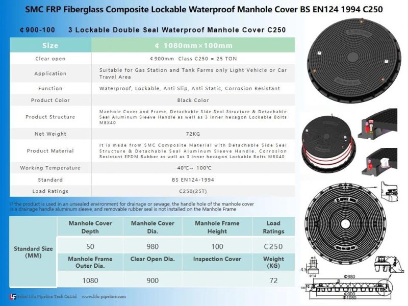 High Quality Heavy Duty SMC Manhole Cover Watertight Dia. 900mm Composite Waterproof Manhole Covers and Frame FRP Inspection Manhole Cover Class D400