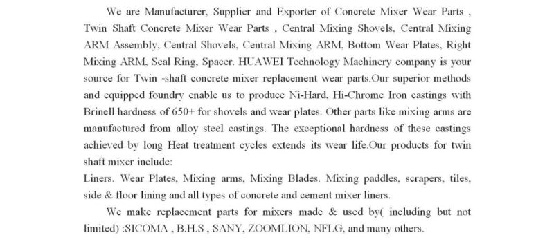Sicoma Cement Mixer Wear Resistant Parts Mixing Arm
