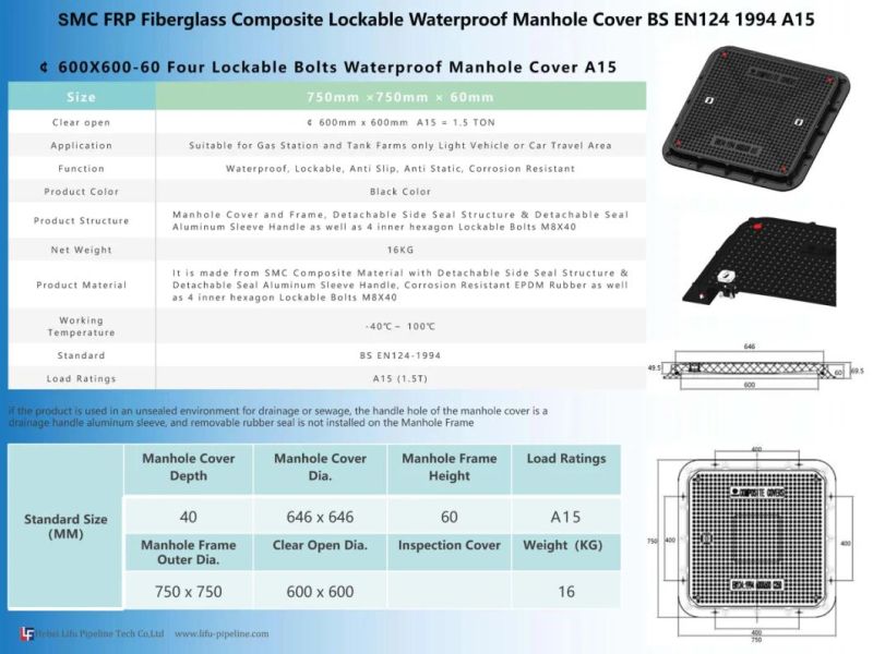 High Quality FRP GRP Fiberglass Watertight Telecom Round Cover and Frame SMC Composite Rectangle Waterproof Manhole Cover Resin Wholesale Square Manhole Cover