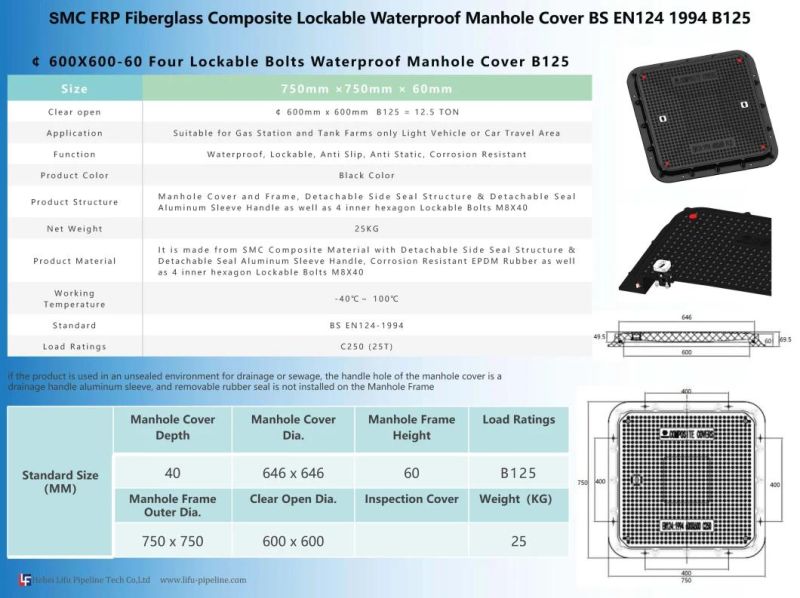 High Quality FRP GRP Fiberglass Watertight Telecom Round Cover and Frame SMC Composite Rectangle Waterproof Manhole Cover Resin Wholesale Square Manhole Cover