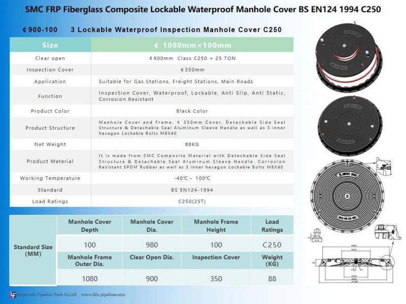 High Quality Heavy Duty SMC Manhole Cover Watertight Dia. 900mm Composite Waterproof Manhole Covers and Frame FRP Inspection Manhole Cover Class D400