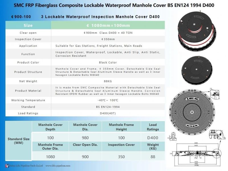 High Quality Heavy Duty SMC Manhole Cover Watertight Dia. 900mm Composite Waterproof Manhole Covers and Frame FRP Inspection Manhole Cover Class D400