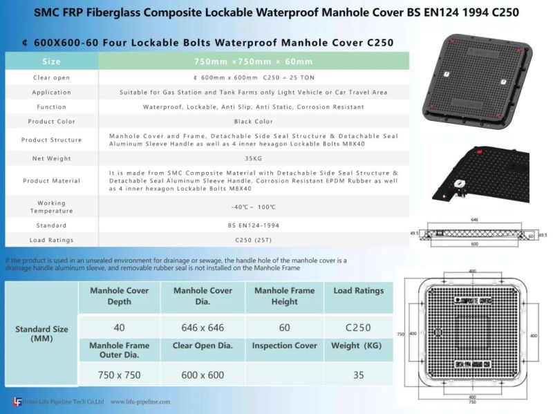 High Quality FRP GRP Fiberglass Watertight Telecom Round Cover and Frame SMC Composite Rectangle Waterproof Manhole Cover Resin Wholesale Square Manhole Cover